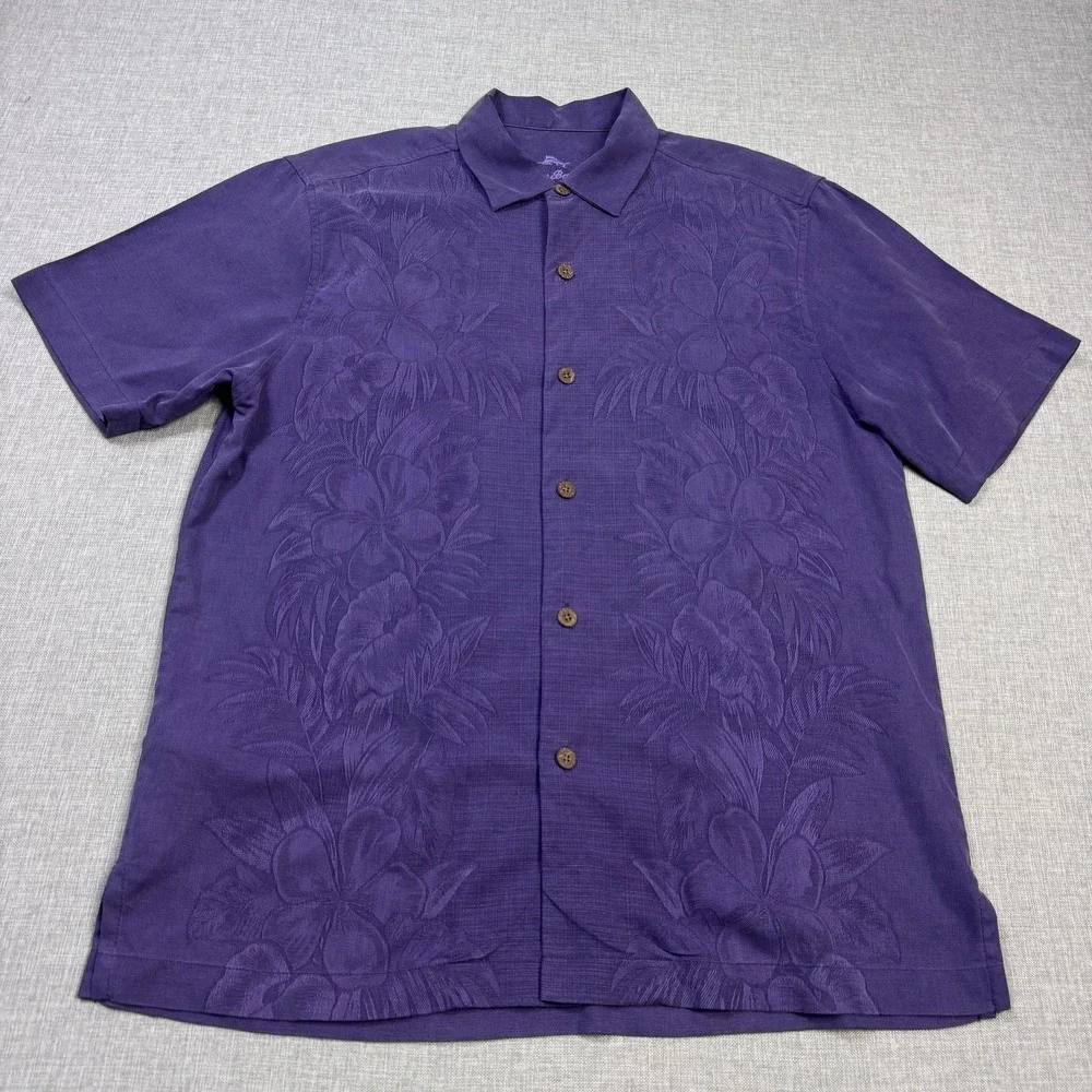 Tommy Bahama Button-Up Shirt Mens M Purple Floral Silk Short Sleeve Relaxed Fit